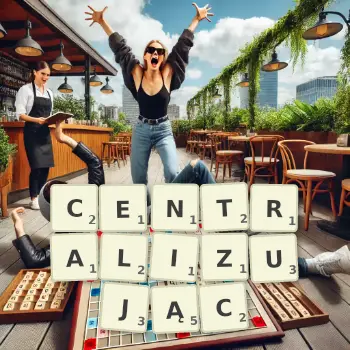 Kreatywna ilustracja do gry w Scrabble ze słowem CENTRALIZUJĄC ułożonym z płytek na planszy.