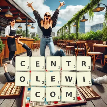 Kreatywna ilustracja do gry w Scrabble ze słowem CENTROLEWICOM ułożonym z płytek na planszy.