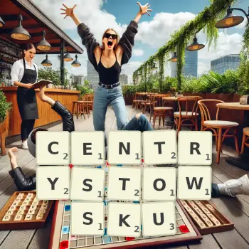 Kreatywna ilustracja do gry w Scrabble ze słowem CENTRYSTOWSKU ułożonym z płytek na planszy.