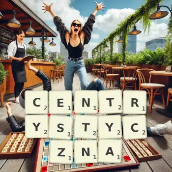 Kreatywna ilustracja do gry w Scrabble ze słowem CENTRYSTYCZNA ułożonym z płytek na planszy.