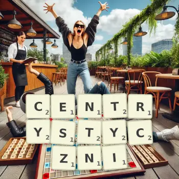Kreatywna ilustracja do gry w Scrabble ze słowem CENTRYSTYCZNI ułożonym z płytek na planszy.