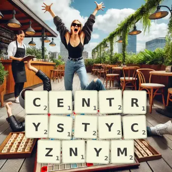 Kreatywna ilustracja do gry w Scrabble ze słowem CENTRYSTYCZNYM ułożonym z płytek na planszy.