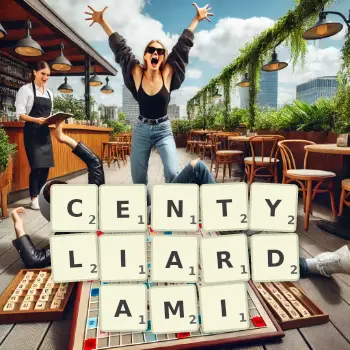 Kreatywna ilustracja do gry w Scrabble ze słowem CENTYLIARDAMI ułożonym z płytek na planszy.