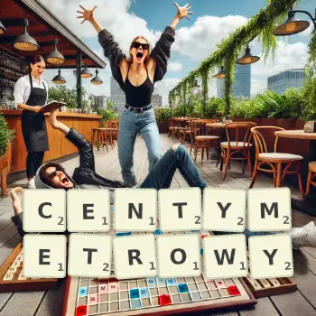 Kreatywna ilustracja do gry w Scrabble ze słowem CENTYMETROWY ułożonym z płytek na planszy.