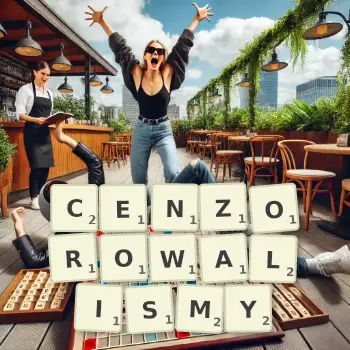 Kreatywna ilustracja do gry w Scrabble ze słowem CENZOROWALISMY ułożonym z płytek na planszy.