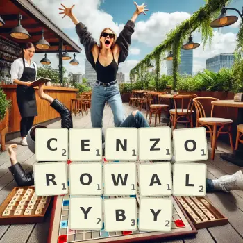 Kreatywna ilustracja do gry w Scrabble ze słowem CENZOROWALYBY ułożonym z płytek na planszy.