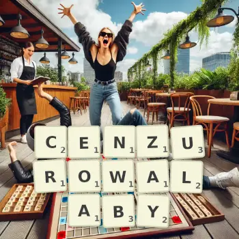 Kreatywna ilustracja do gry w Scrabble ze słowem CENZUROWALABY ułożonym z płytek na planszy.