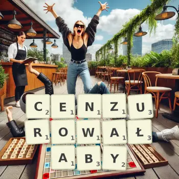 Kreatywna ilustracja do gry w Scrabble ze słowem CENZUROWAŁABY ułożonym z płytek na planszy.