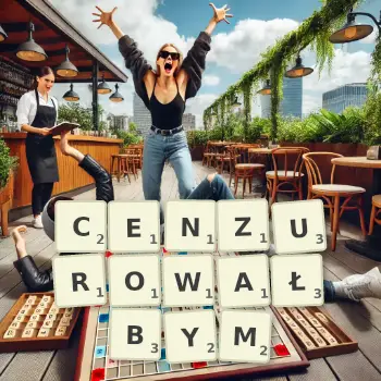 Kreatywna ilustracja do gry w Scrabble ze słowem CENZUROWAŁBYM ułożonym z płytek na planszy.
