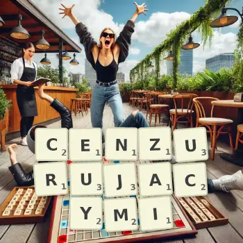 Kreatywna ilustracja do gry w Scrabble ze słowem CENZURUJACYMI ułożonym z płytek na planszy.