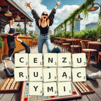 Kreatywna ilustracja do gry w Scrabble ze słowem CENZURUJĄCYMI ułożonym z płytek na planszy.