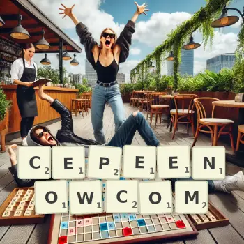 Kreatywna ilustracja do gry w Scrabble ze słowem CEPEENOWCOM ułożonym z płytek na planszy.