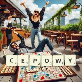 Kreatywna ilustracja do gry w Scrabble ze słowem CEPOWY ułożonym z płytek na planszy.