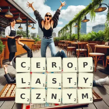 Kreatywna ilustracja do gry w Scrabble ze słowem CEROPLASTYCZNYM ułożonym z płytek na planszy.