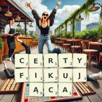 Kreatywna ilustracja do gry w Scrabble ze słowem CERTYFIKUJĄCA ułożonym z płytek na planszy.