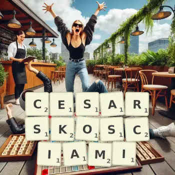 Kreatywna ilustracja do gry w Scrabble ze słowem CESARSKOSCIAMI ułożonym z płytek na planszy.