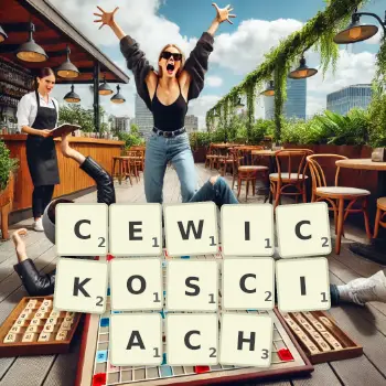 Kreatywna ilustracja do gry w Scrabble ze słowem CEWICKOSCIACH ułożonym z płytek na planszy.