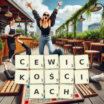 Kreatywna ilustracja do gry w Scrabble ze słowem CEWICKOŚCIACH ułożonym z płytek na planszy.