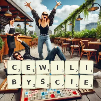 Kreatywna ilustracja do gry w Scrabble ze słowem CEWILIBYŚCIE ułożonym z płytek na planszy.