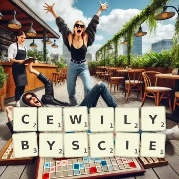 Kreatywna ilustracja do gry w Scrabble ze słowem CEWILYBYSCIE ułożonym z płytek na planszy.