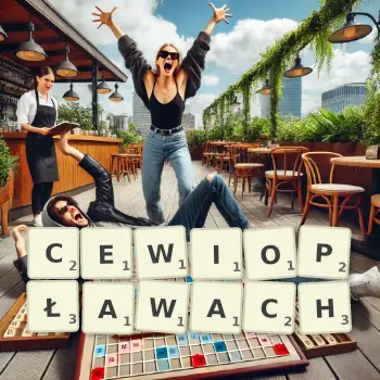 Kreatywna ilustracja do gry w Scrabble ze słowem CEWIOPŁAWACH ułożonym z płytek na planszy.