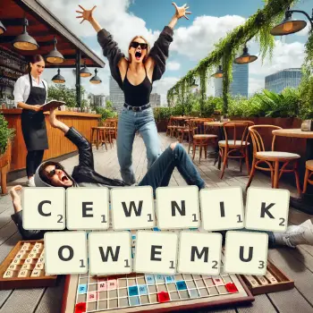 Kreatywna ilustracja do gry w Scrabble ze słowem CEWNIKOWEMU ułożonym z płytek na planszy.