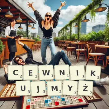 Kreatywna ilustracja do gry w Scrabble ze słowem CEWNIKUJMYŻ ułożonym z płytek na planszy.