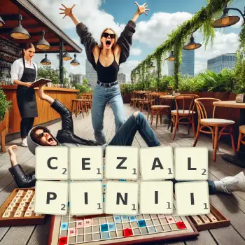 Kreatywna ilustracja do gry w Scrabble ze słowem CEZALPINII ułożonym z płytek na planszy.