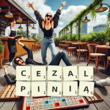 Kreatywna ilustracja do gry w Scrabble ze słowem CEZALPINIĄ ułożonym z płytek na planszy.