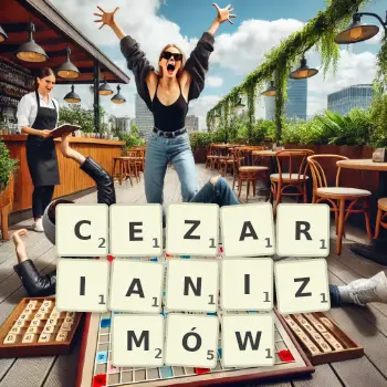 Kreatywna ilustracja do gry w Scrabble ze słowem CEZARIANIZMÓW ułożonym z płytek na planszy.