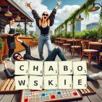 Kreatywna ilustracja do gry w Scrabble ze słowem CHABOWSKIE ułożonym z płytek na planszy.
