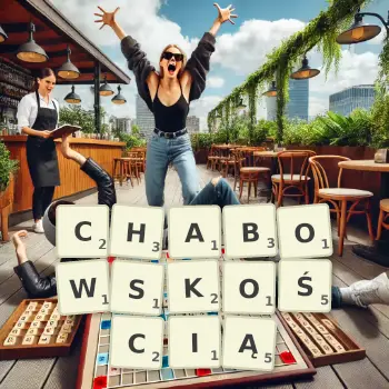 Kreatywna ilustracja do gry w Scrabble ze słowem CHABOWSKOŚCIĄ ułożonym z płytek na planszy.
