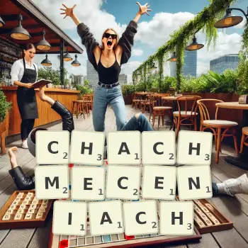 Kreatywna ilustracja do gry w Scrabble ze słowem CHACHMECENIACH ułożonym z płytek na planszy.