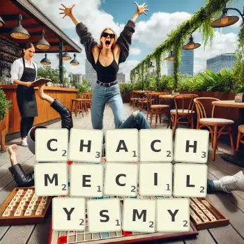Kreatywna ilustracja do gry w Scrabble ze słowem CHACHMECILYSMY ułożonym z płytek na planszy.