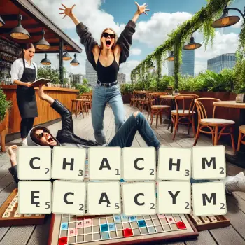 Kreatywna ilustracja do gry w Scrabble ze słowem CHACHMĘCĄCYM ułożonym z płytek na planszy.