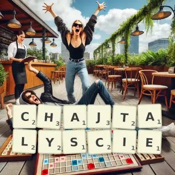 Kreatywna ilustracja do gry w Scrabble ze słowem CHAJTALYSCIE ułożonym z płytek na planszy.