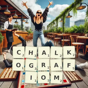 Kreatywna ilustracja do gry w Scrabble ze słowem CHALKOGRAFIOM ułożonym z płytek na planszy.