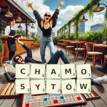 Kreatywna ilustracja do gry w Scrabble ze słowem CHAMOSYTÓW ułożonym z płytek na planszy.