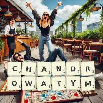 Kreatywna ilustracja do gry w Scrabble ze słowem CHANDROWATYM ułożonym z płytek na planszy.