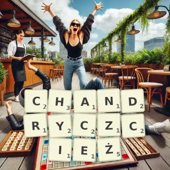 Kreatywna ilustracja do gry w Scrabble ze słowem CHANDRYCZCIEŻ ułożonym z płytek na planszy.