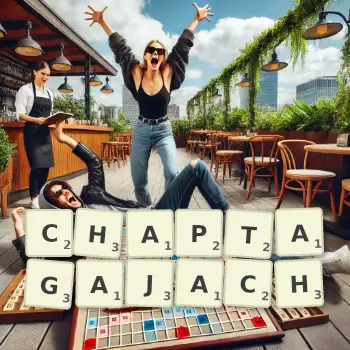 Kreatywna ilustracja do gry w Scrabble ze słowem CHAPTAGAJACH ułożonym z płytek na planszy.