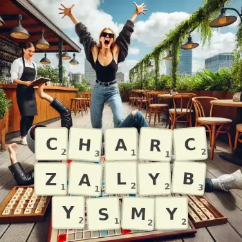 Kreatywna ilustracja do gry w Scrabble ze słowem CHARCZALYBYSMY ułożonym z płytek na planszy.