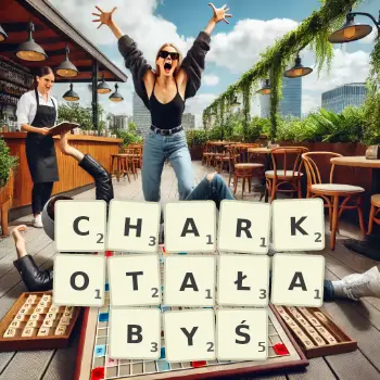 Kreatywna ilustracja do gry w Scrabble ze słowem CHARKOTAŁABYŚ ułożonym z płytek na planszy.