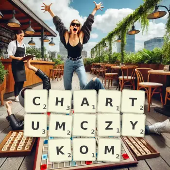 Kreatywna ilustracja do gry w Scrabble ze słowem CHARTUMCZYKOM ułożonym z płytek na planszy.