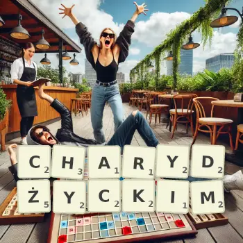 Kreatywna ilustracja do gry w Scrabble ze słowem CHARYDŻYCKIM ułożonym z płytek na planszy.