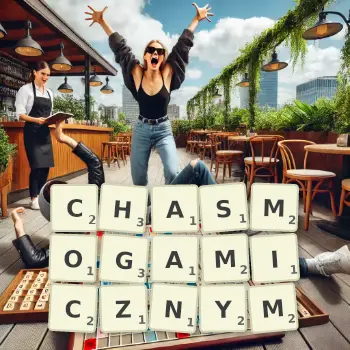 Kreatywna ilustracja do gry w Scrabble ze słowem CHASMOGAMICZNYM ułożonym z płytek na planszy.