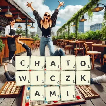 Kreatywna ilustracja do gry w Scrabble ze słowem CHATOWICZKAMI ułożonym z płytek na planszy.
