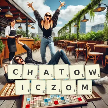 Kreatywna ilustracja do gry w Scrabble ze słowem CHATOWICZOM ułożonym z płytek na planszy.