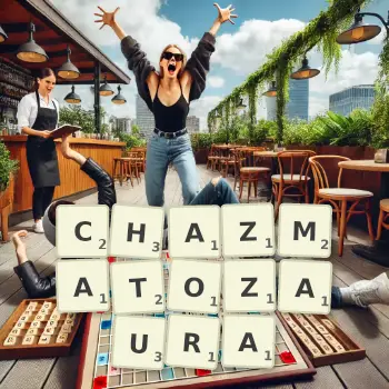 Kreatywna ilustracja do gry w Scrabble ze słowem CHAZMATOZAURA ułożonym z płytek na planszy.