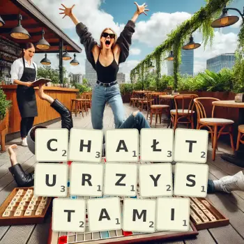 Kreatywna ilustracja do gry w Scrabble ze słowem CHAŁTURZYSTAMI ułożonym z płytek na planszy.